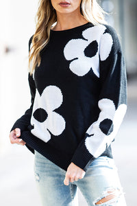 Black Flower Pattern Ribbed Trim Knit Round Neck Sweater