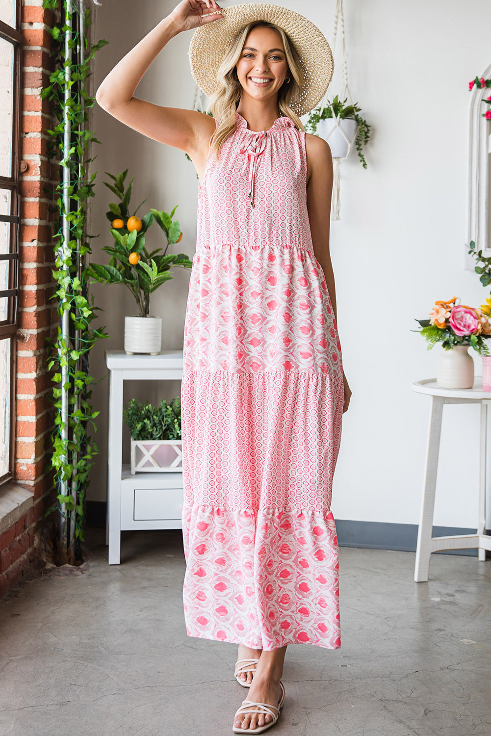 Pink Abstract Sleeveless V Neck Summer Tiered Dress