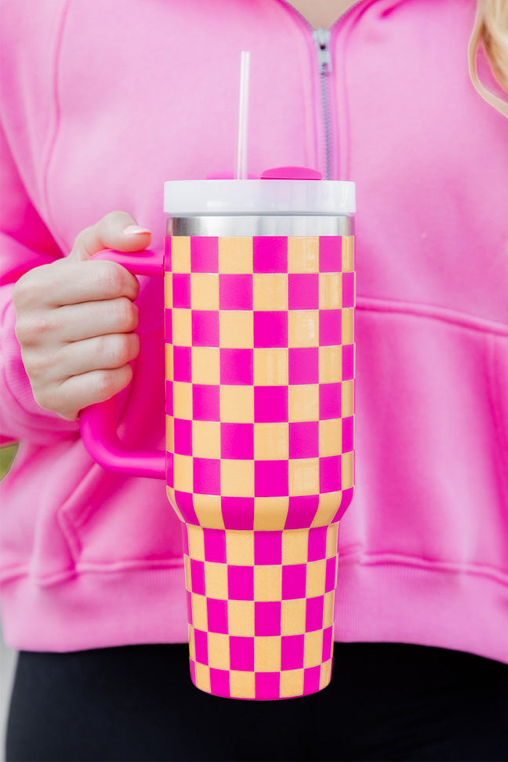 Ginger Pink Checkered Print Handled Stainless Steel Tumbler Cup