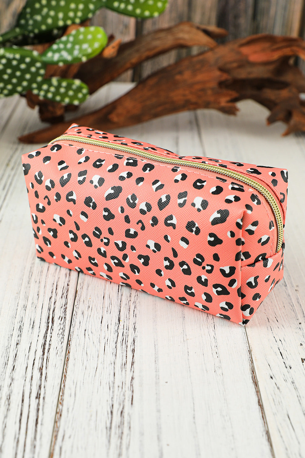 Pink 19*8*9cm Leopard Print Zipped Cosmetic Storage Bag