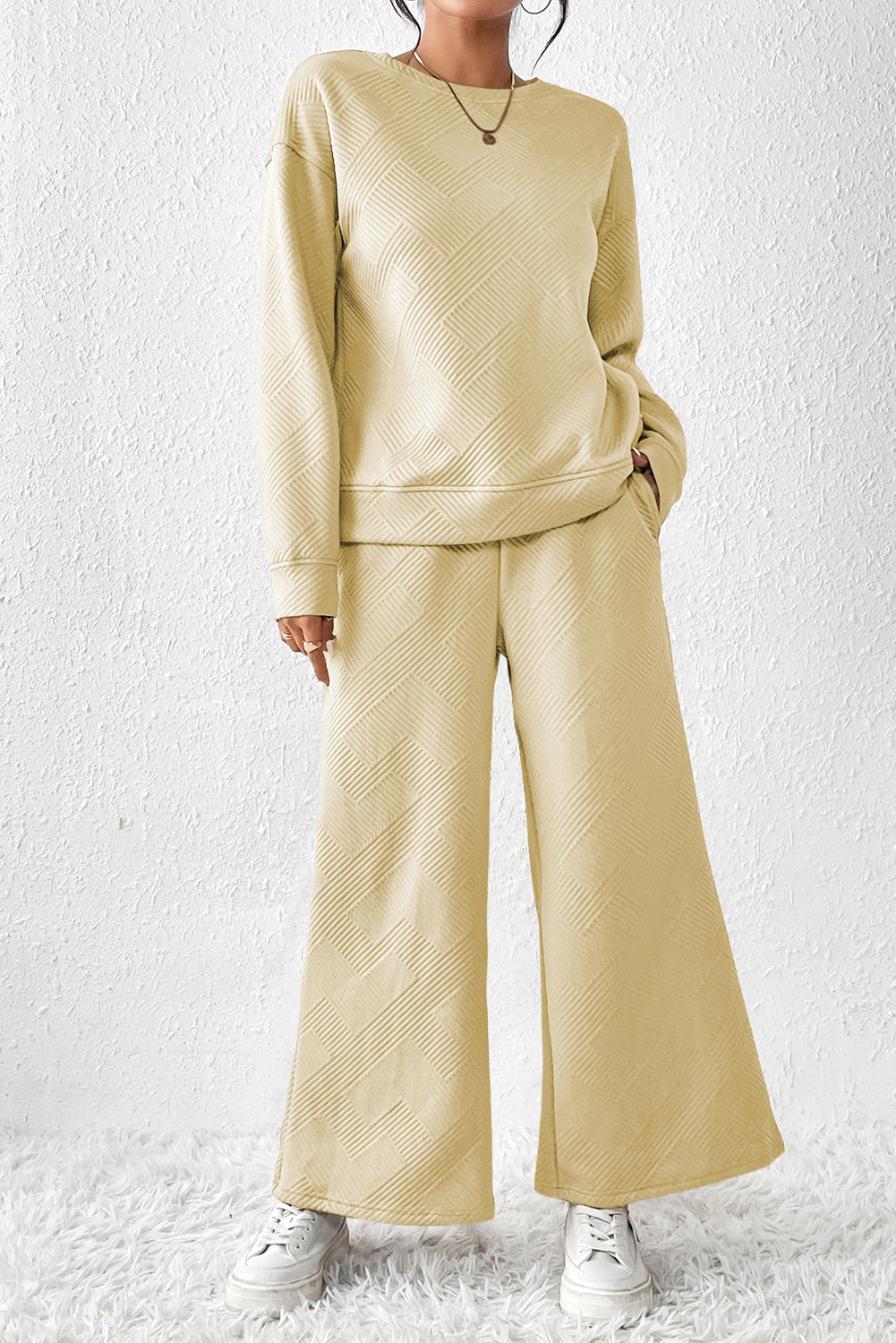 Apricot Textured Loose Slouchy Long Sleeve Top and Pants Set