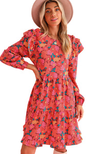 Rose Red Boho Floral Print Ruffle Tiered Mini Dress