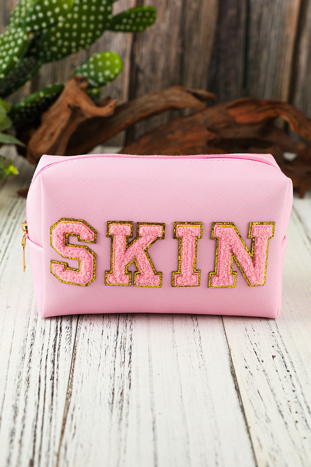 Pink Embroidered SKIN Letter Print Makeup Bag