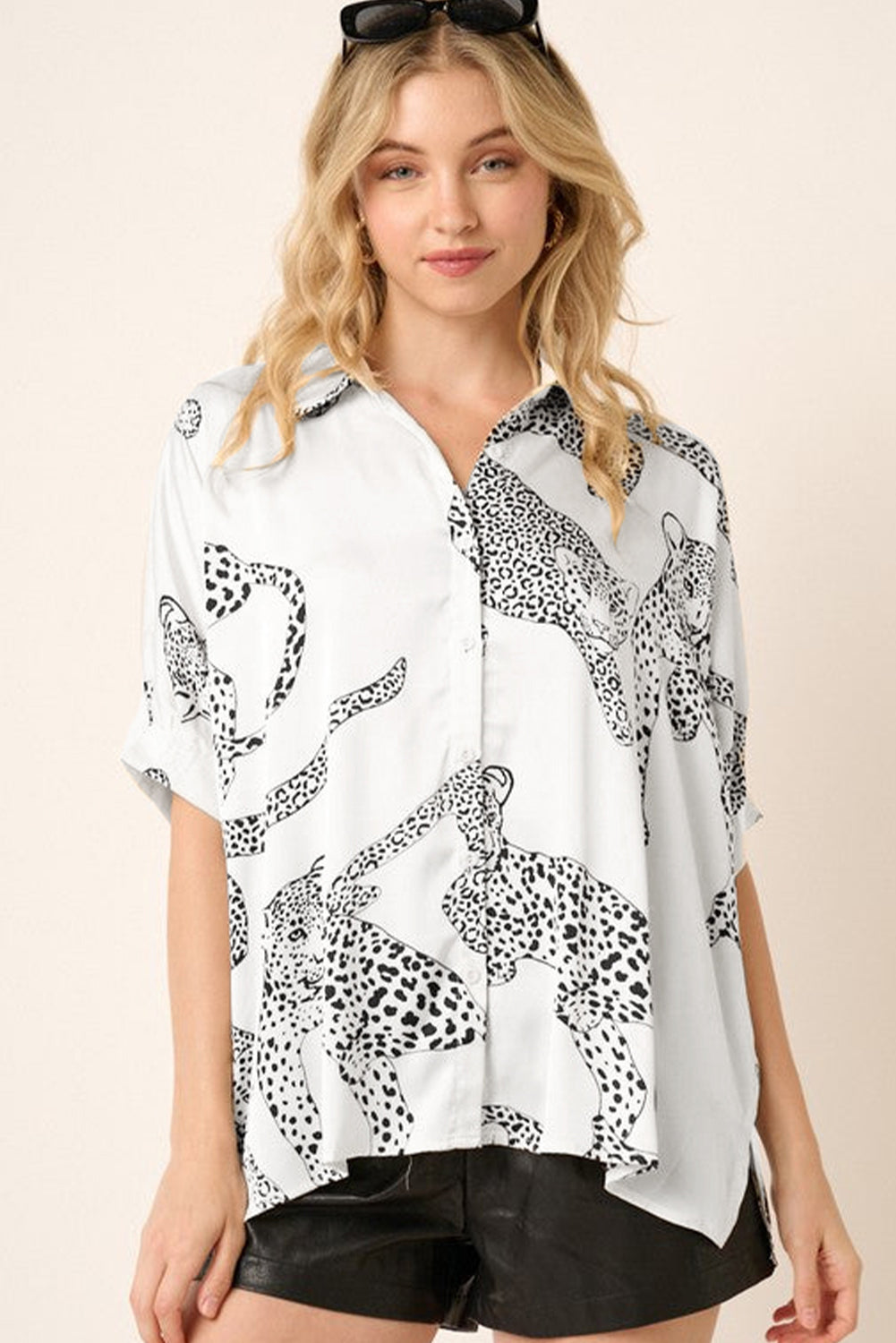 Beige Cheetah Print Buttoned Half Sleeve Shirt