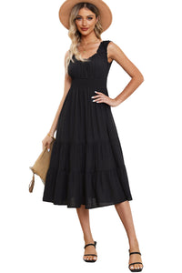 Black U-Neck Sleeveless Ruched Tiered Ruffled Midi Dress