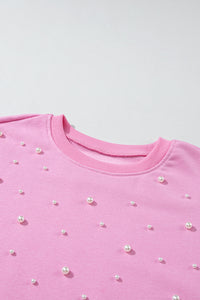 Pink Pearl Decor Ribbed Contrast Round Neck Sweatshirt