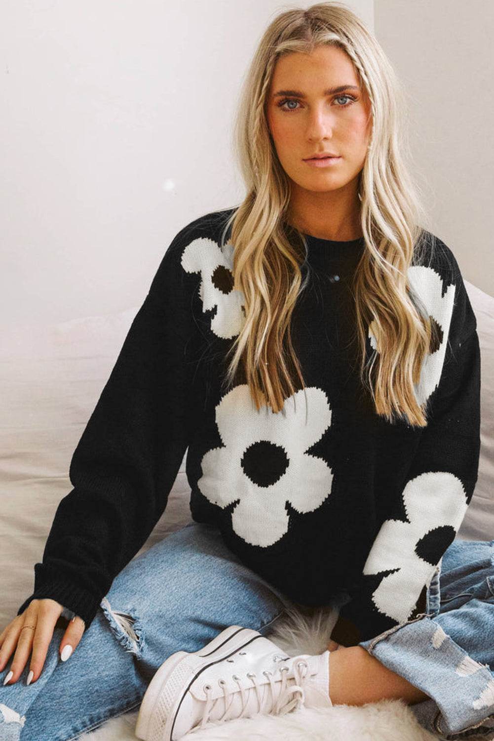 Black Flower Pattern Ribbed Trim Knit Round Neck Sweater – PINKCOLADA