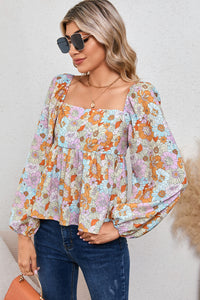 Orange Floral Square Neck Puff Sleeve Babydoll Blouse