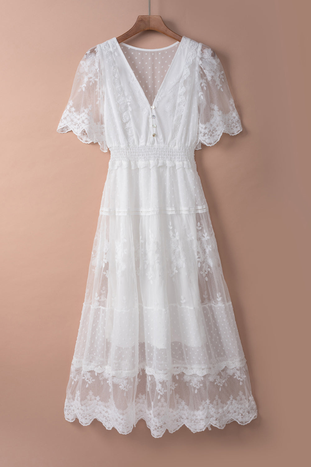 White Elegant Crochet Contrast Lace Maxi Dress