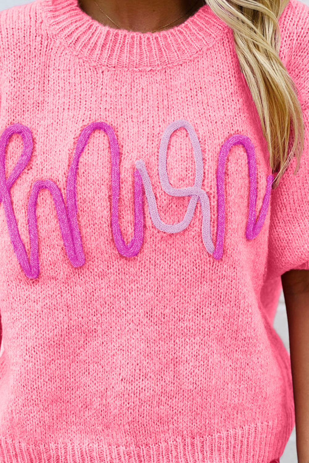 Pink Mom Letter Pattern Short Puff Sleeve Sweater