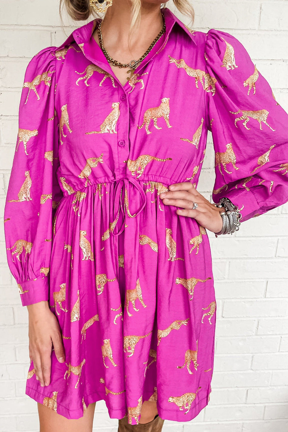 Rose Cheetah Print Side Pockets Drawstring Mini Shirt Dress