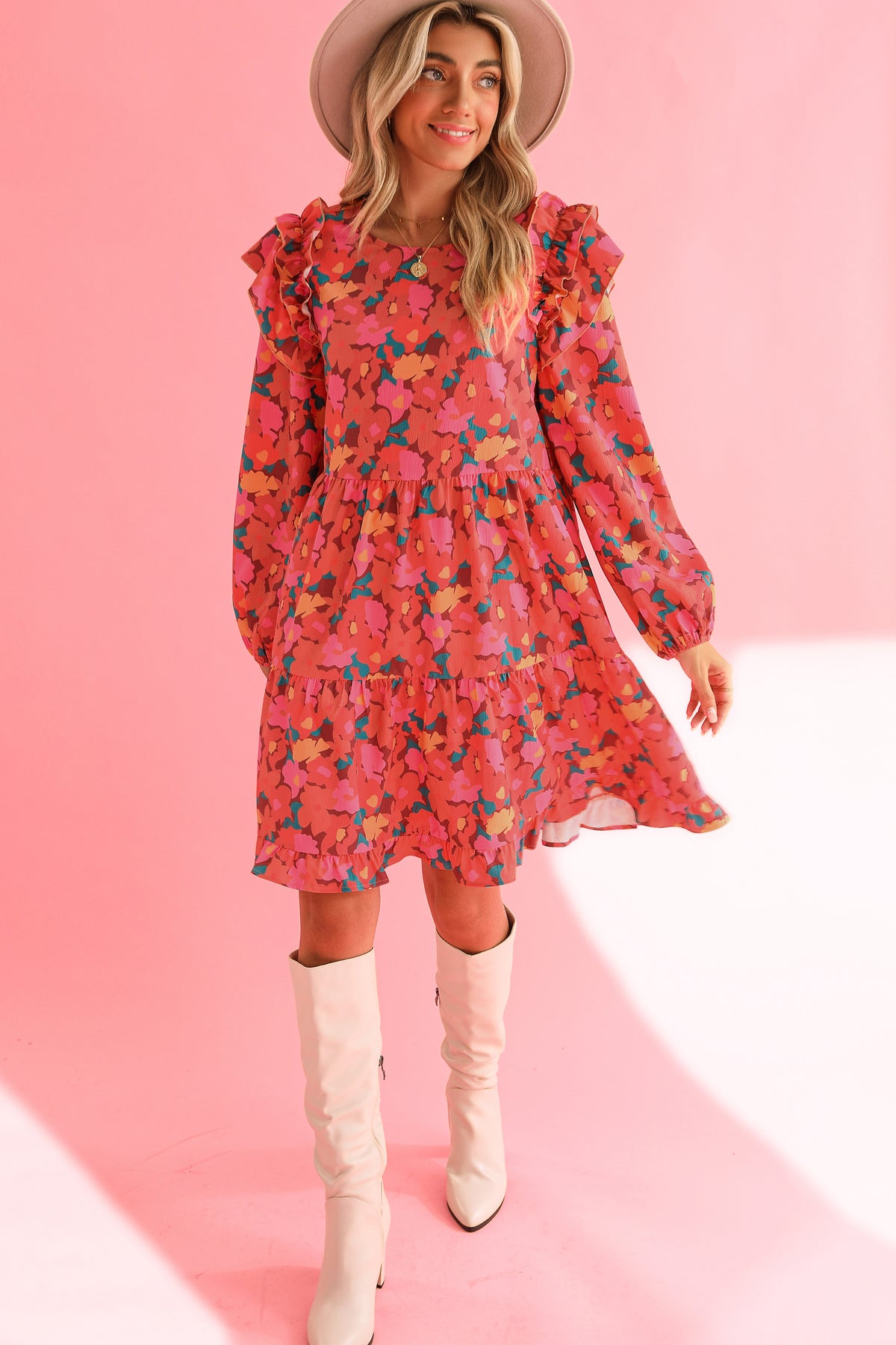 Rose Red Boho Floral Print Ruffle Tiered Mini Dress