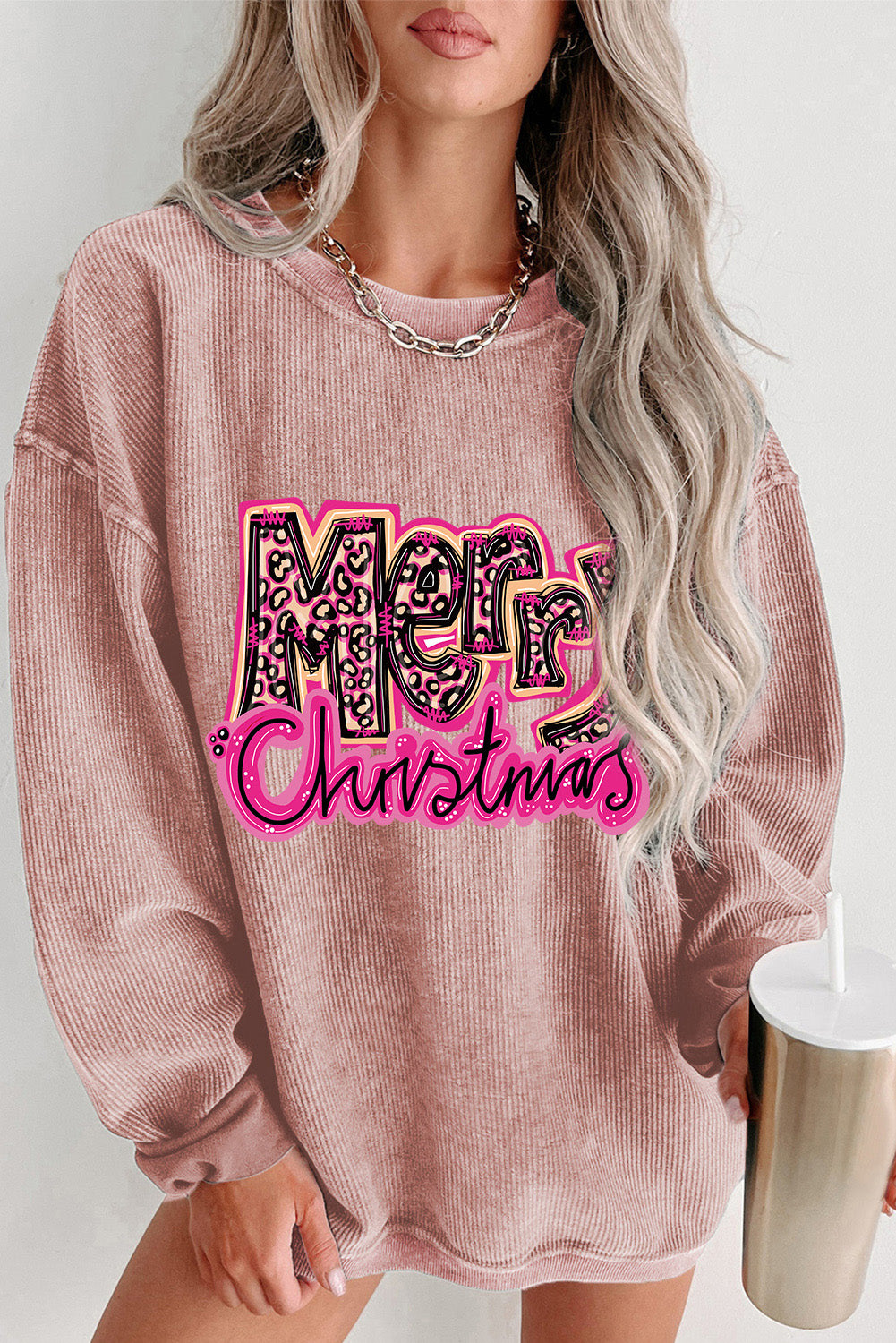 Pink Merry Christmas Letter Graphic Corded Sweatshirt