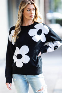 Black Flower Pattern Ribbed Trim Knit Round Neck Sweater