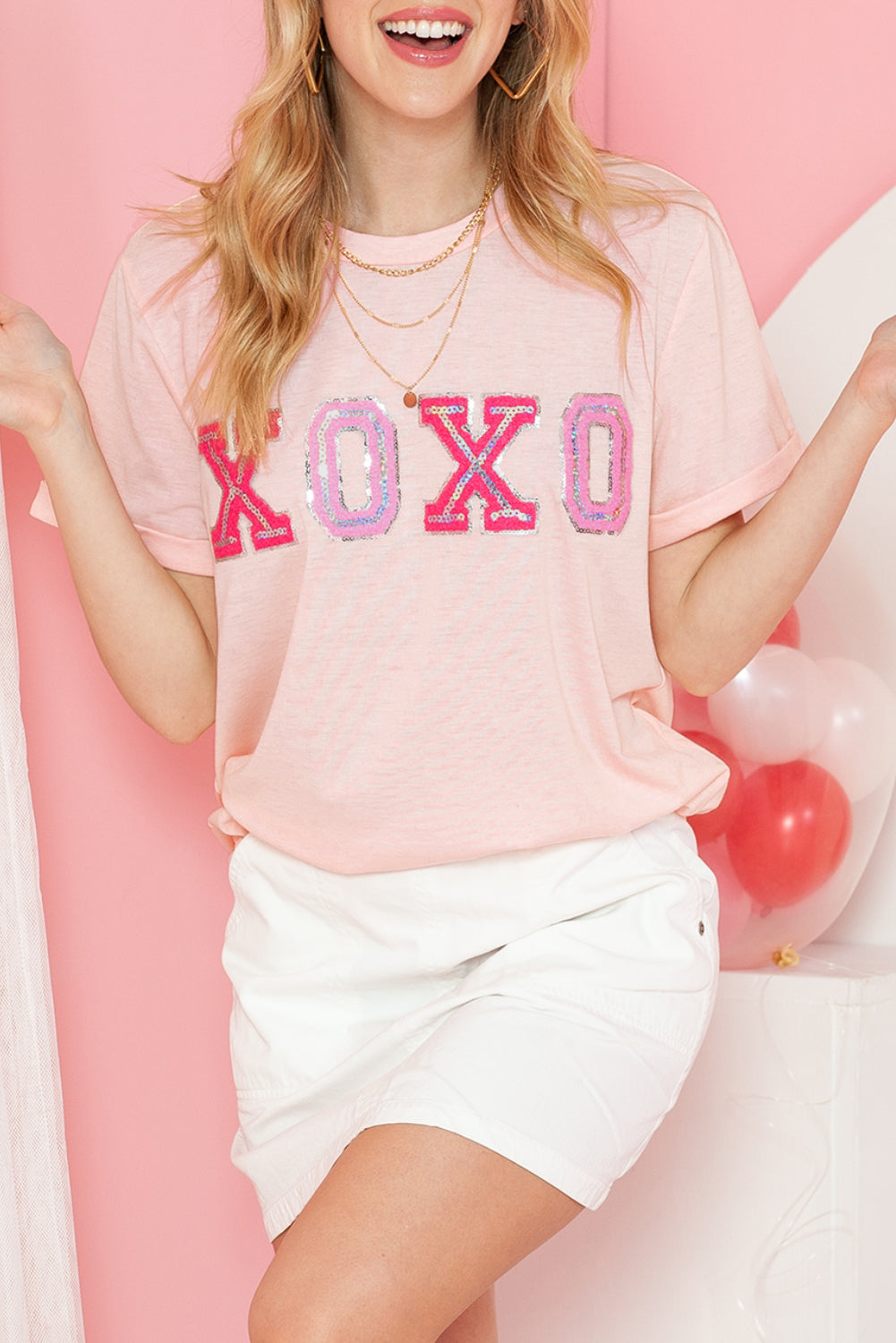 Pink XOXO Letter Printed Roll Up Sleeve Graphic Tee