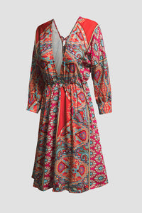Multicolor Sexy Plunge Neckline 3/4 Sleeve Tie Back Boho Dress