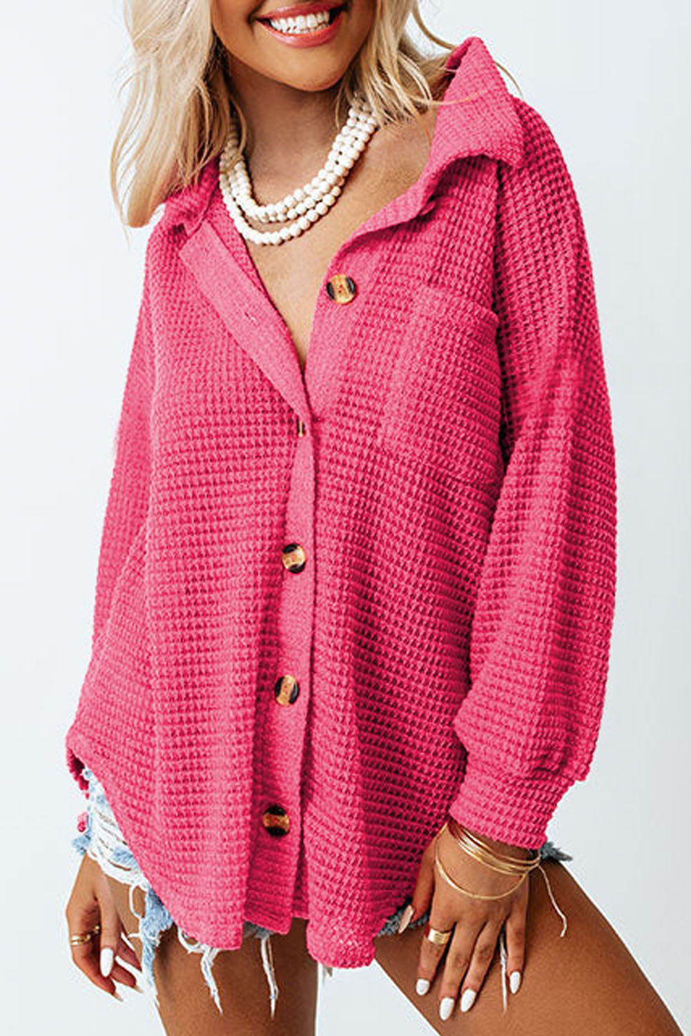 Hot Pink Pocket Buttons Front Waffle Knit Shacket