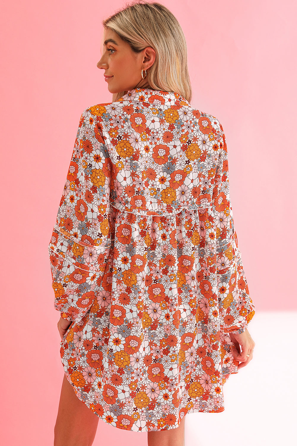 Orange Boho Floral Print V Neck Pocketed Mini Dress