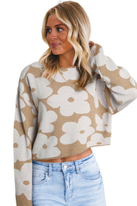 Khaki Floral Pattern Drop Sleeve Cropped Sweater