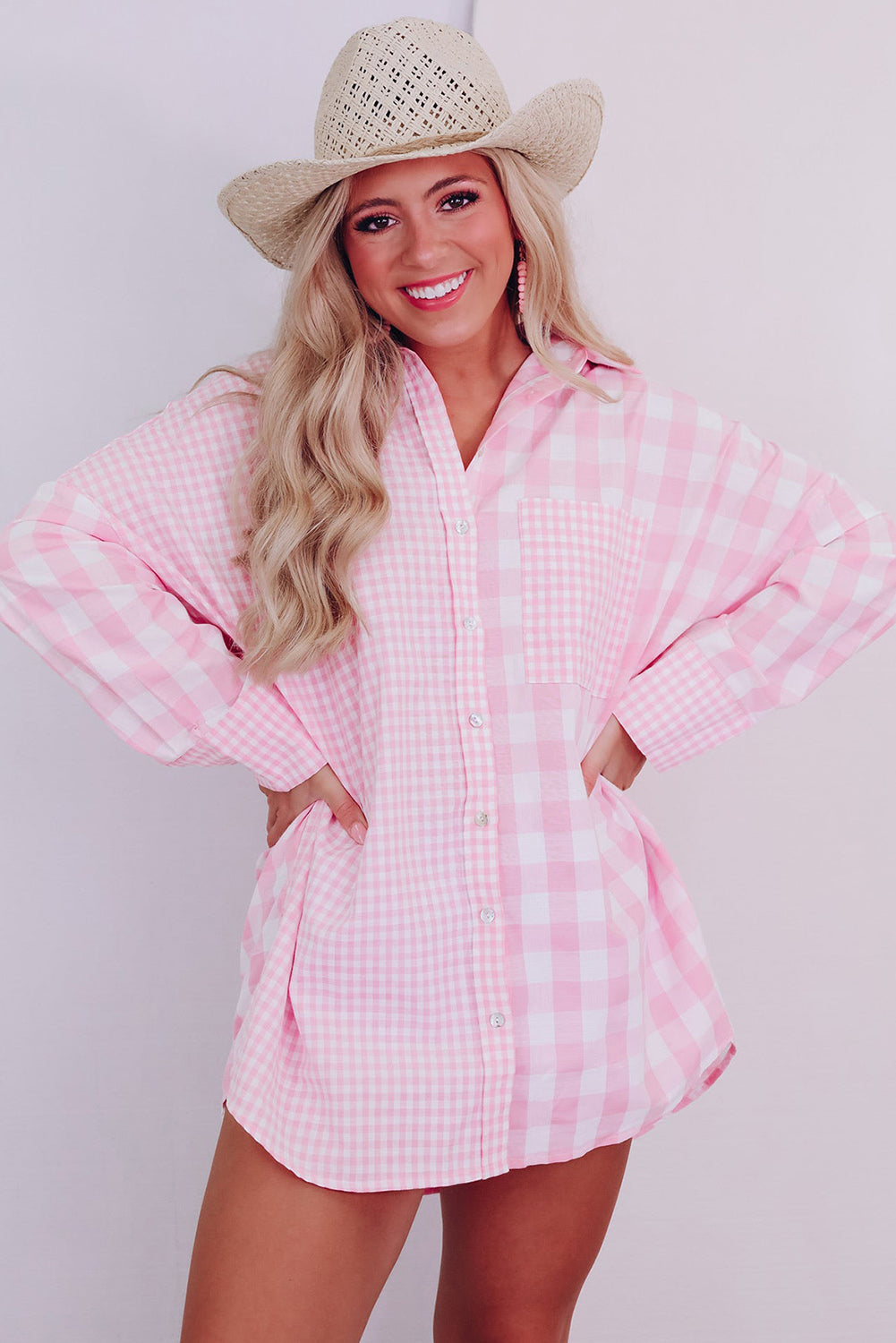 Pink Mix Checked Pocket Patchwork Long Sleeve Shacket