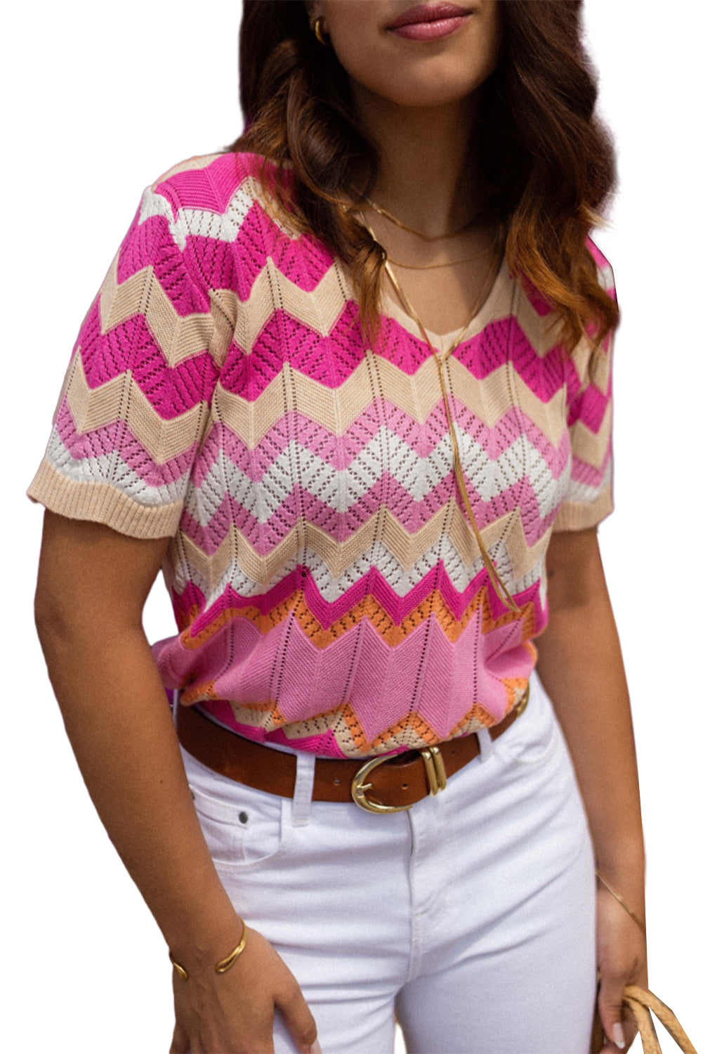 Pink Chevron Pattern Pointelled Knit V Neck Short Sleeve T-shirt