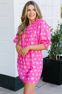 Bright Pink Spotted Print Puff Sleeve Smocked Mini Dress