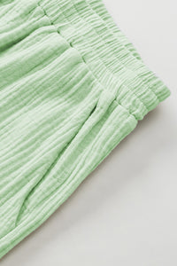 Green Crinkled Texture V Neck Ruffled Sleeve Tops & Shorts Set