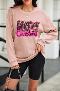 Pink Merry Christmas Letter Graphic Corded Sweatshirt