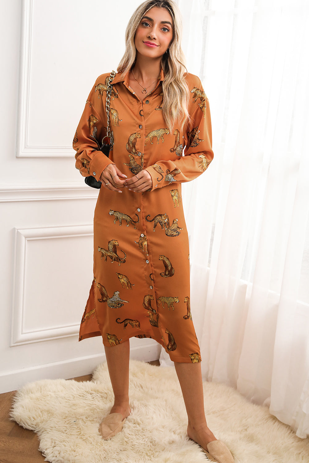 Yellow Animal Print Button-Up Split Maxi Shirt Dress