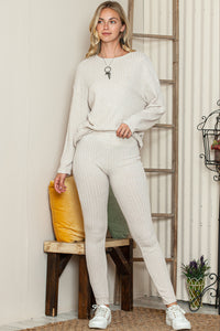 Apricot Ribbed Knit Loose Long Sleeve Top Skinny Pants Set