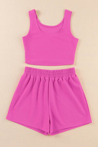 Rose Plain Sleeveless High Waisted Corduroy Two Piece Shorts Set