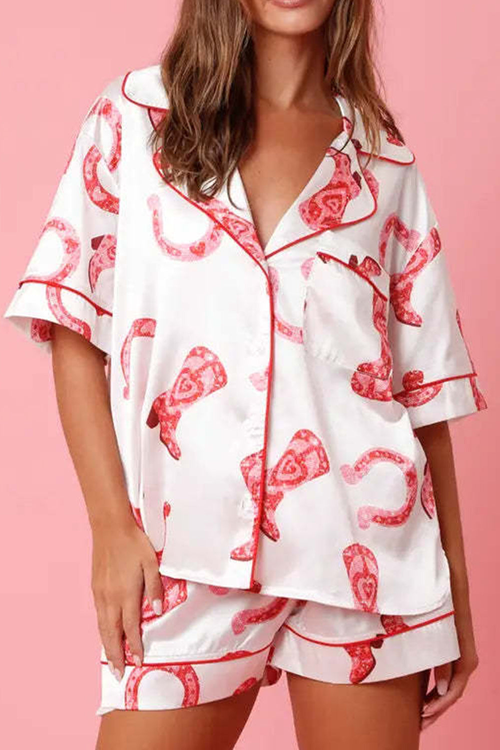 White Satin Full Mixed Pattern Shirt and Shorts Pajama Set