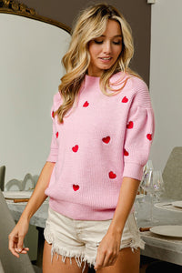 Pink Valentine Heart Puff Sleeve Knitted Sweater