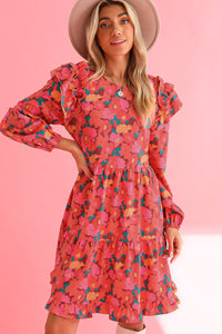 Rose Red Boho Floral Print Ruffle Tiered Mini Dress