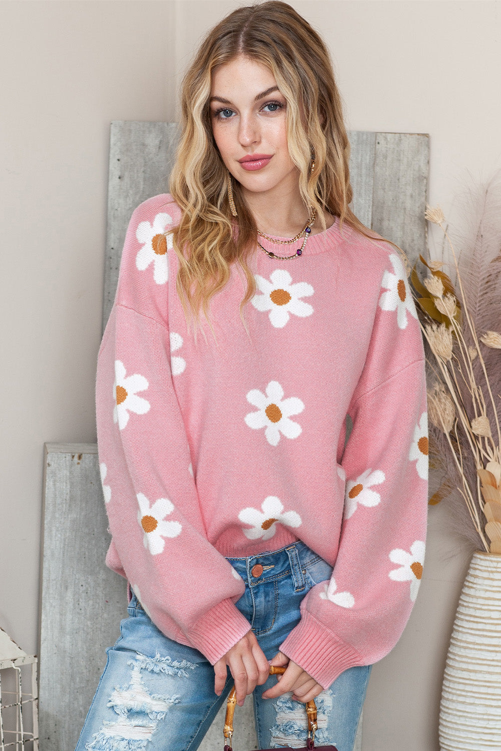 Apricot Floral Pattern Drop Shoulder Pullover Knit Sweater