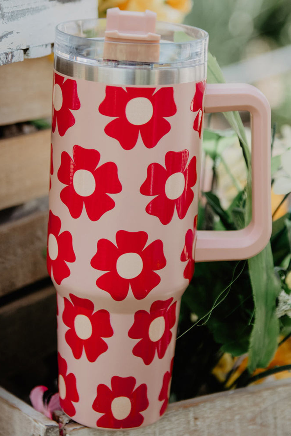 Red Floral Print 304 Stainless Handled Tumbler Cup with Straw