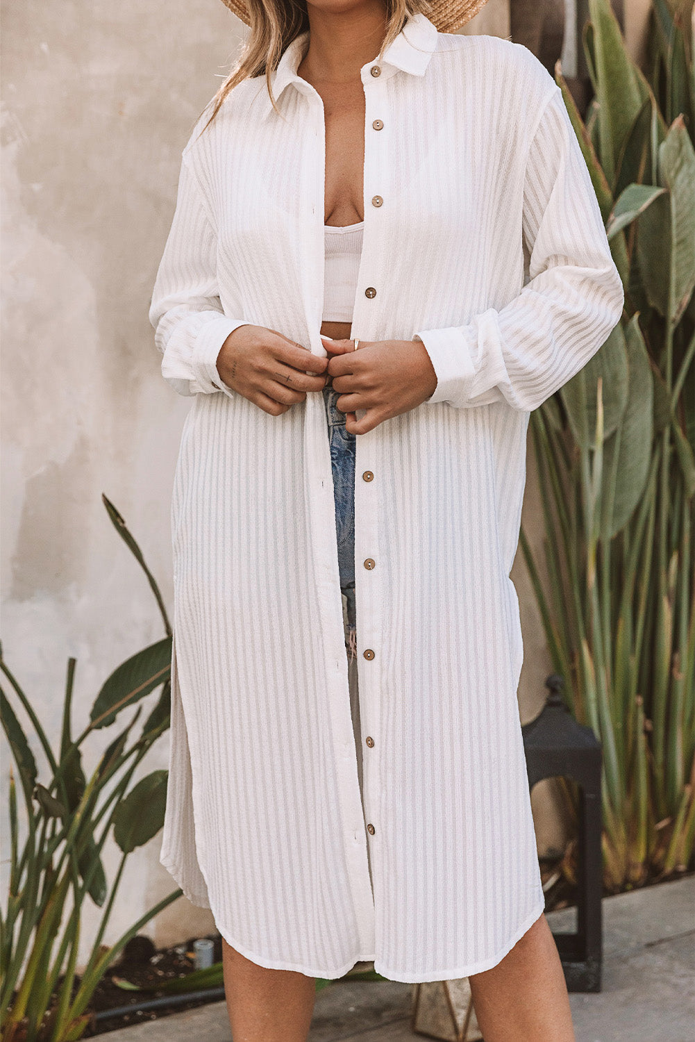 White Striped Button Up Long Sleeve Swimsuit Cover Up