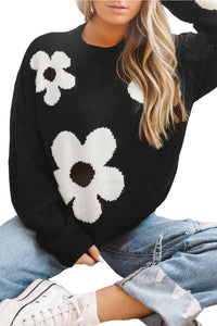 Black Flower Pattern Ribbed Trim Knit Round Neck Sweater