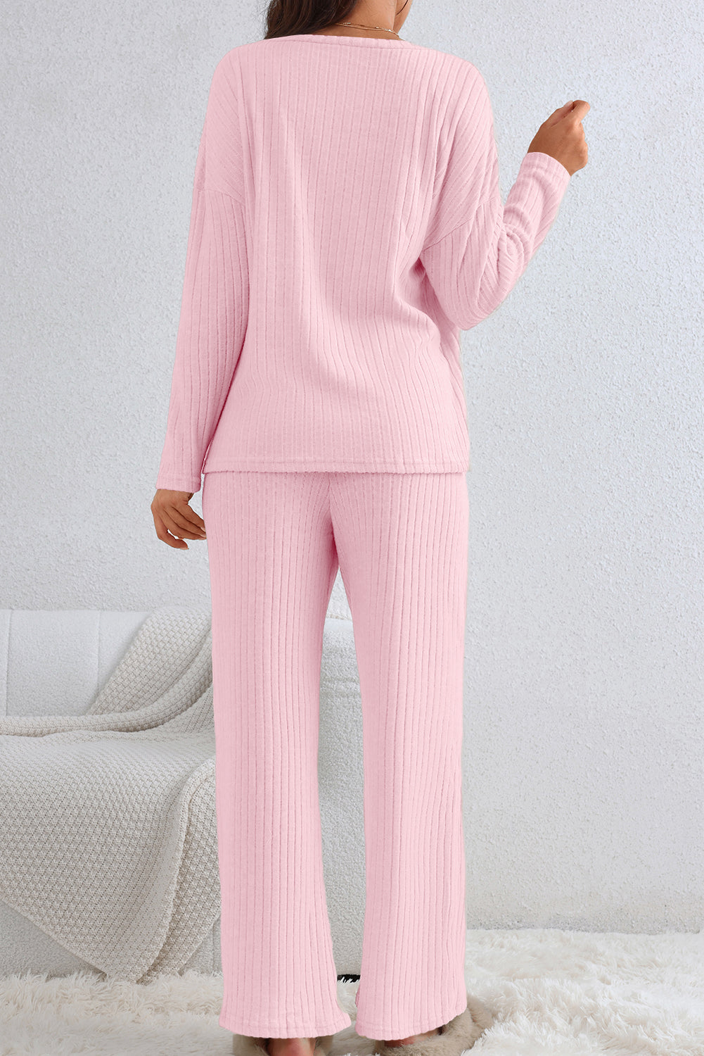 Light Pink Slouchy Ribbed Knit V Neck Top & Pants Loungewear Set