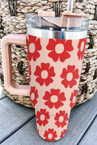 Red Floral Print 304 Stainless Handled Tumbler Cup with Straw