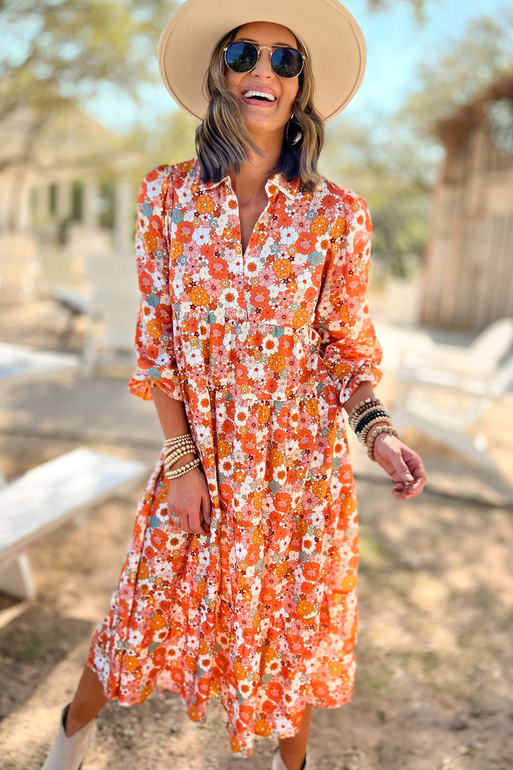 Multicolor Boho Floral Collared Long Sleeve Dress