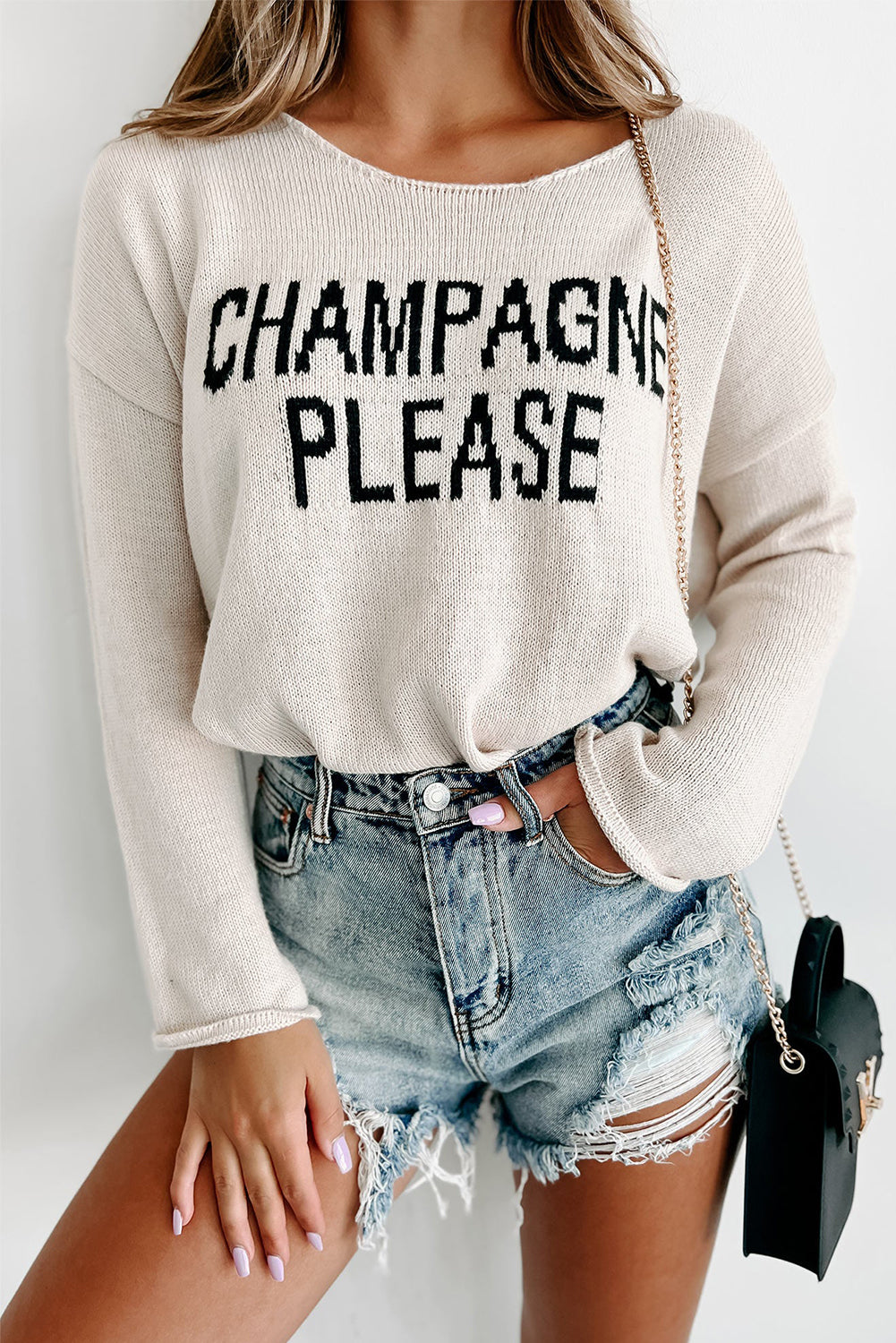 White Champagne Please Letter Pattern Knitted Sweater