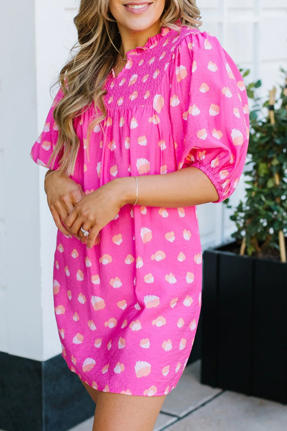 Bright Pink Spotted Print Puff Sleeve Smocked Mini Dress