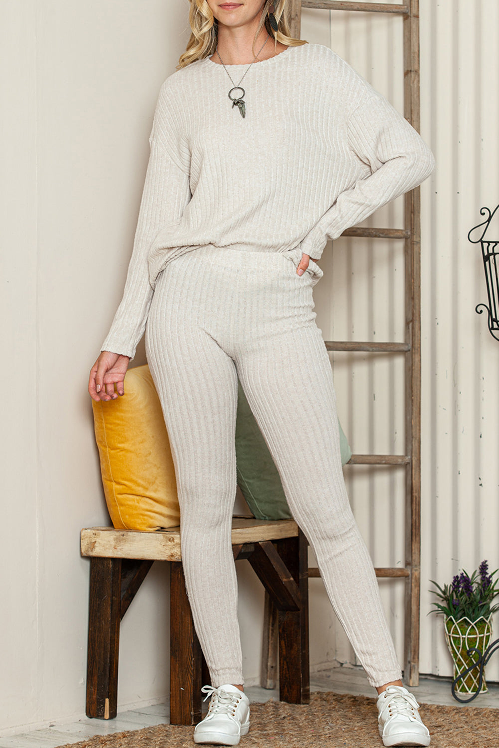 Apricot Ribbed Knit Loose Long Sleeve Top Skinny Pants Set