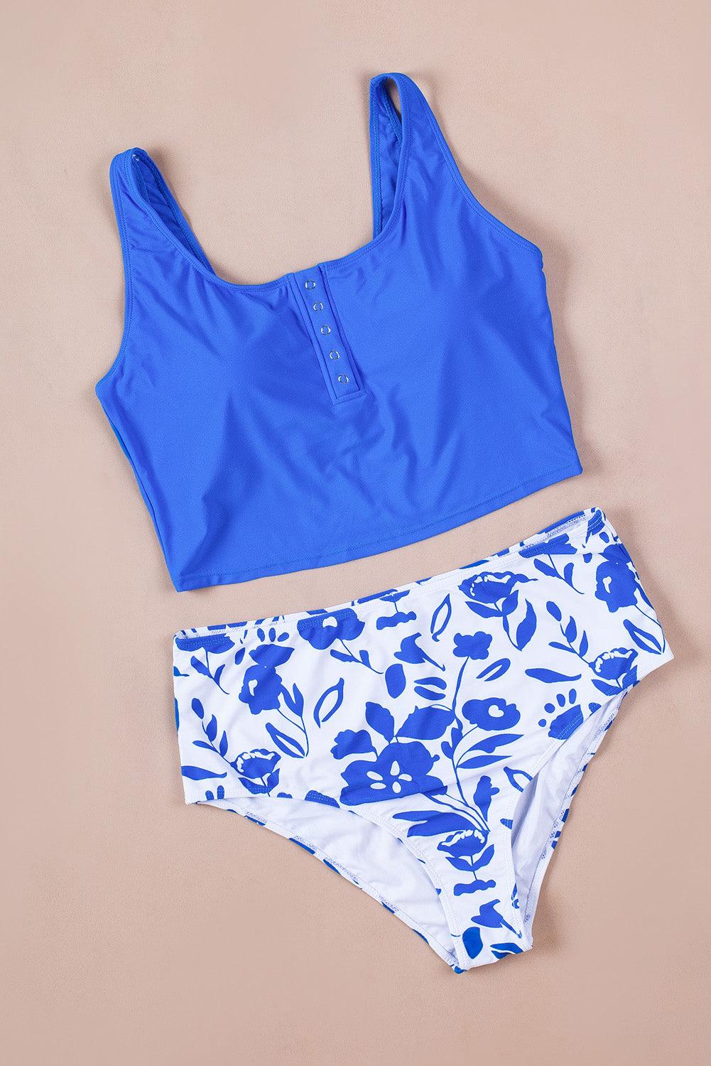 Blue Sexy Square Neck Sleeveless Floral Print Tankini Swimsuit
