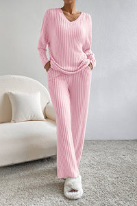 Light Pink Slouchy Ribbed Knit V Neck Top & Pants Loungewear Set