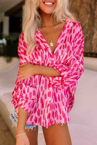 Pink Abstract Printed Roll Tab Sleeve Button Up Shirt