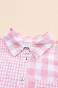 Pink Mix Checked Pocket Patchwork Long Sleeve Shacket