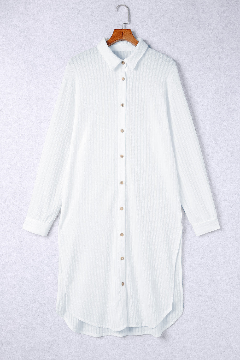 White Striped Button Up Long Sleeve Swimsuit Cover Up