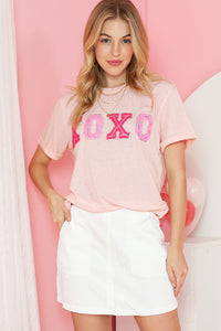 Pink XOXO Letter Printed Roll Up Sleeve Graphic Tee